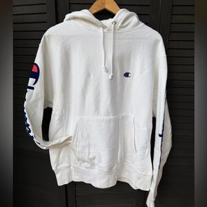Champion White Pullover Hoodie with Sleeve Logo